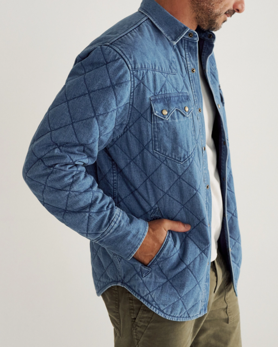 Front view of Men's Quilted Denim Shacket - Medium on model