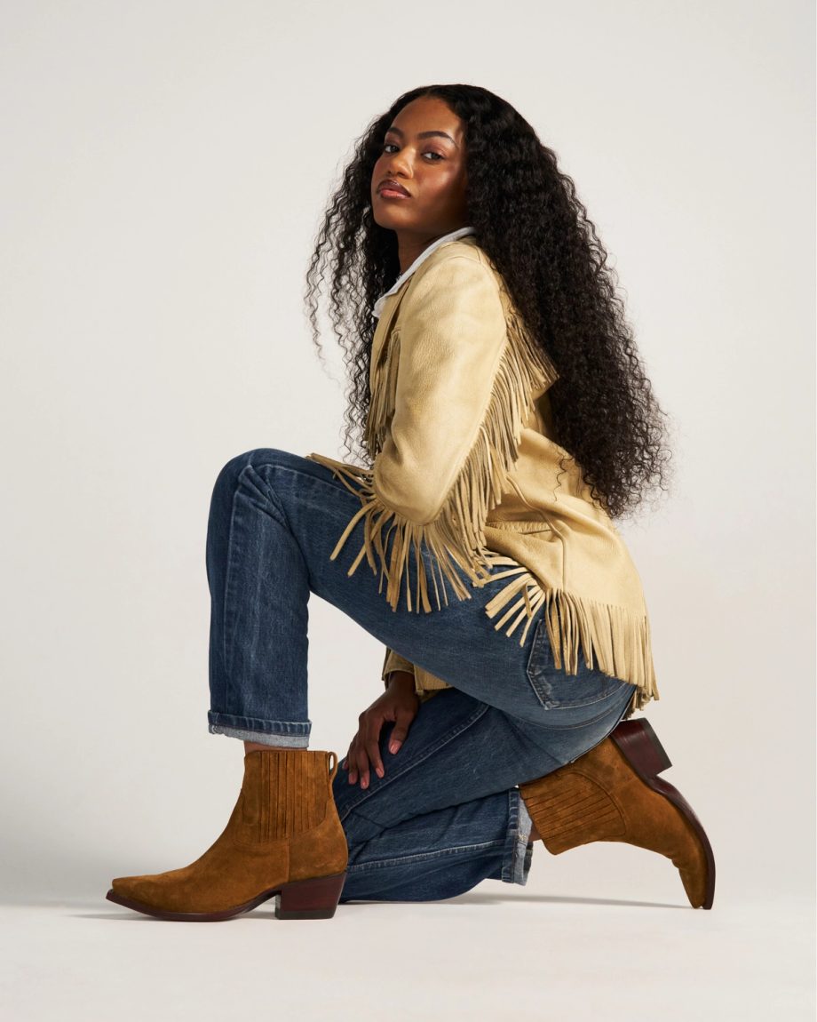 Full view of The Piper II - Sienna Suede on model