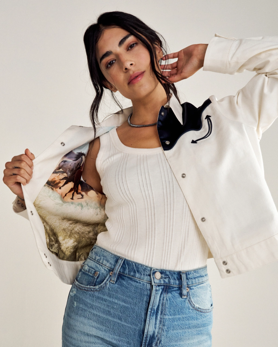 Front view of Women's Dolly Jacket  - Blue / White on model