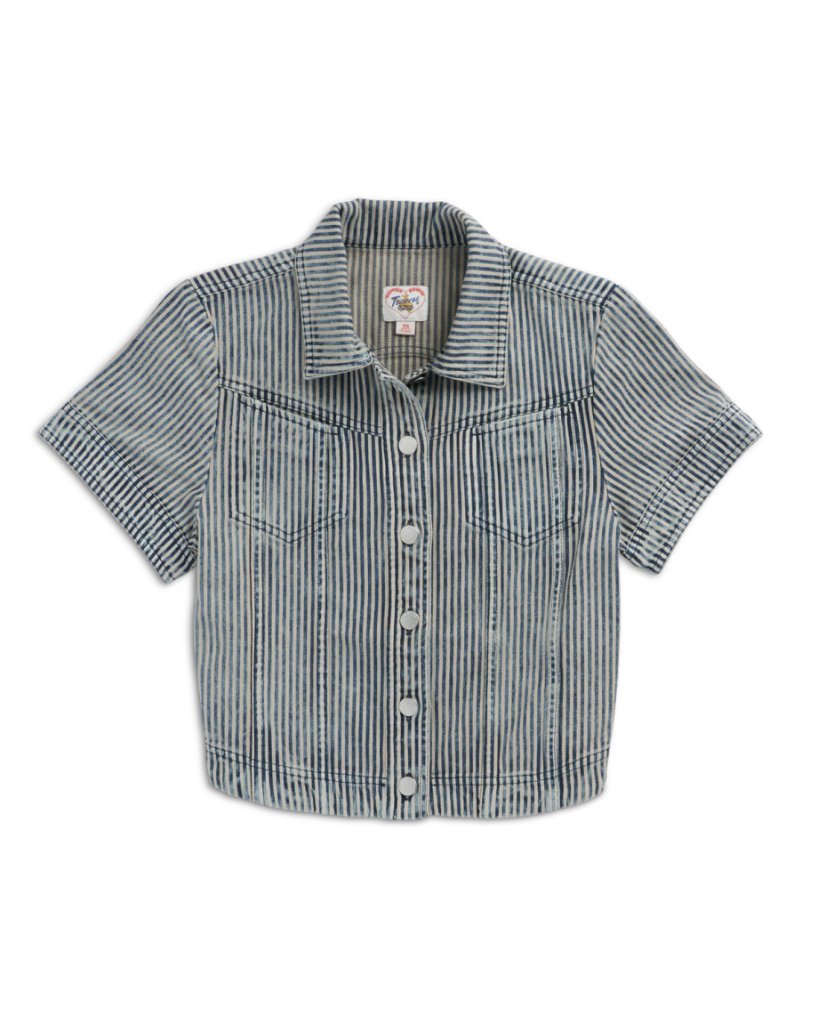 Top view of Women's S/S Denim Top - Blue / White on plain background