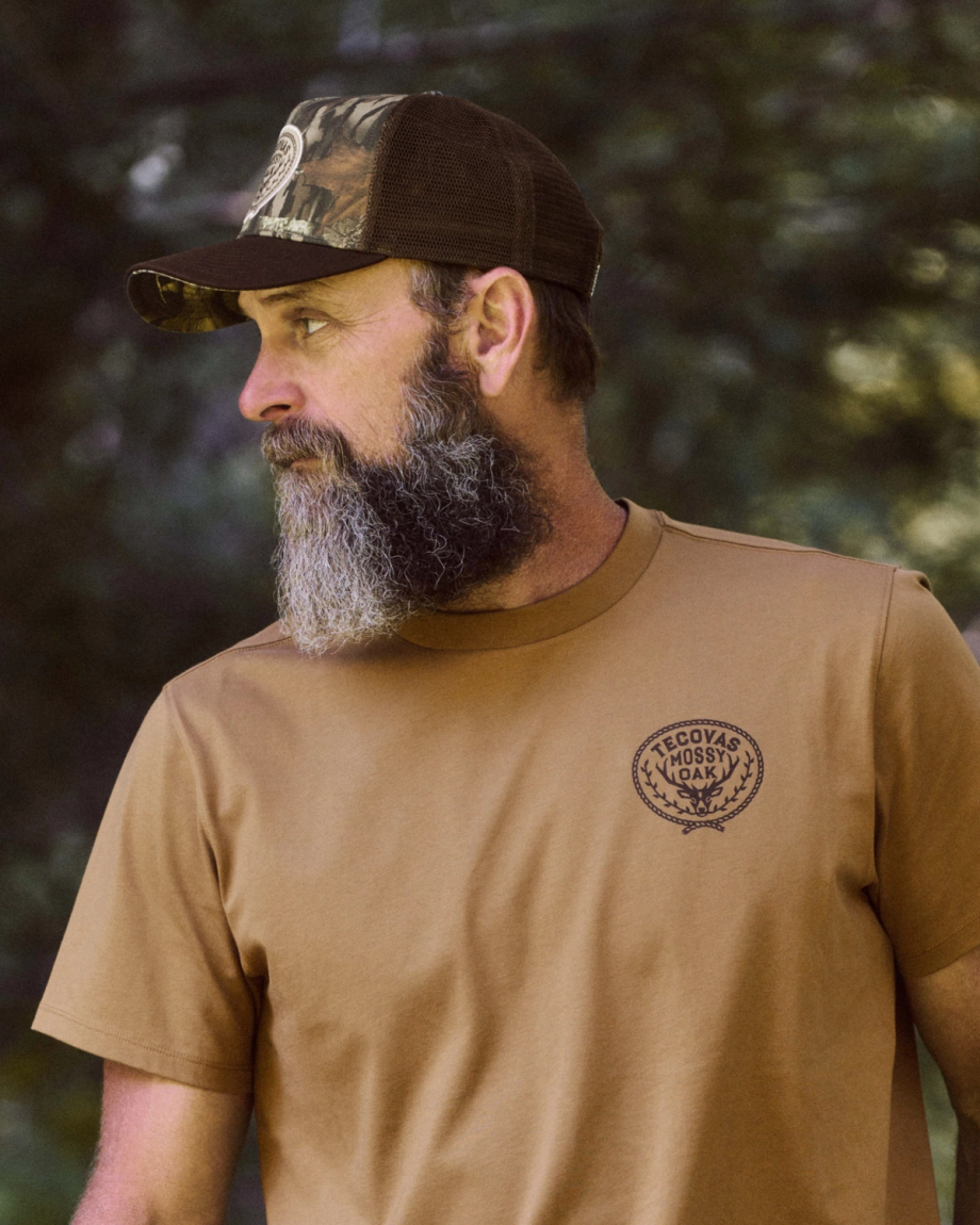 View of Men's Tecovas x Mossy Oak Cowboys & Deer T-Shirt - Olivewood
