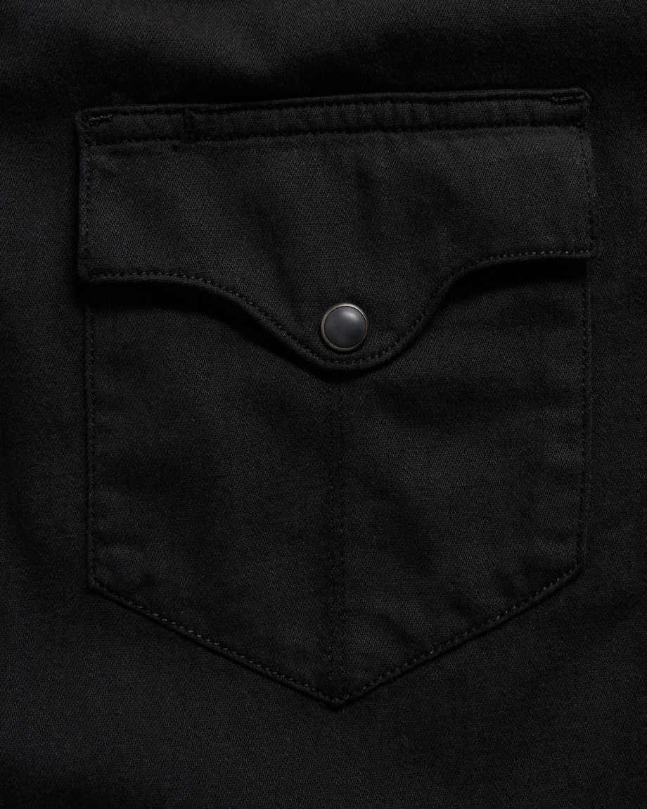 Closeup detail view of Men's Denim Long Sleeve Pearl Snap - Black