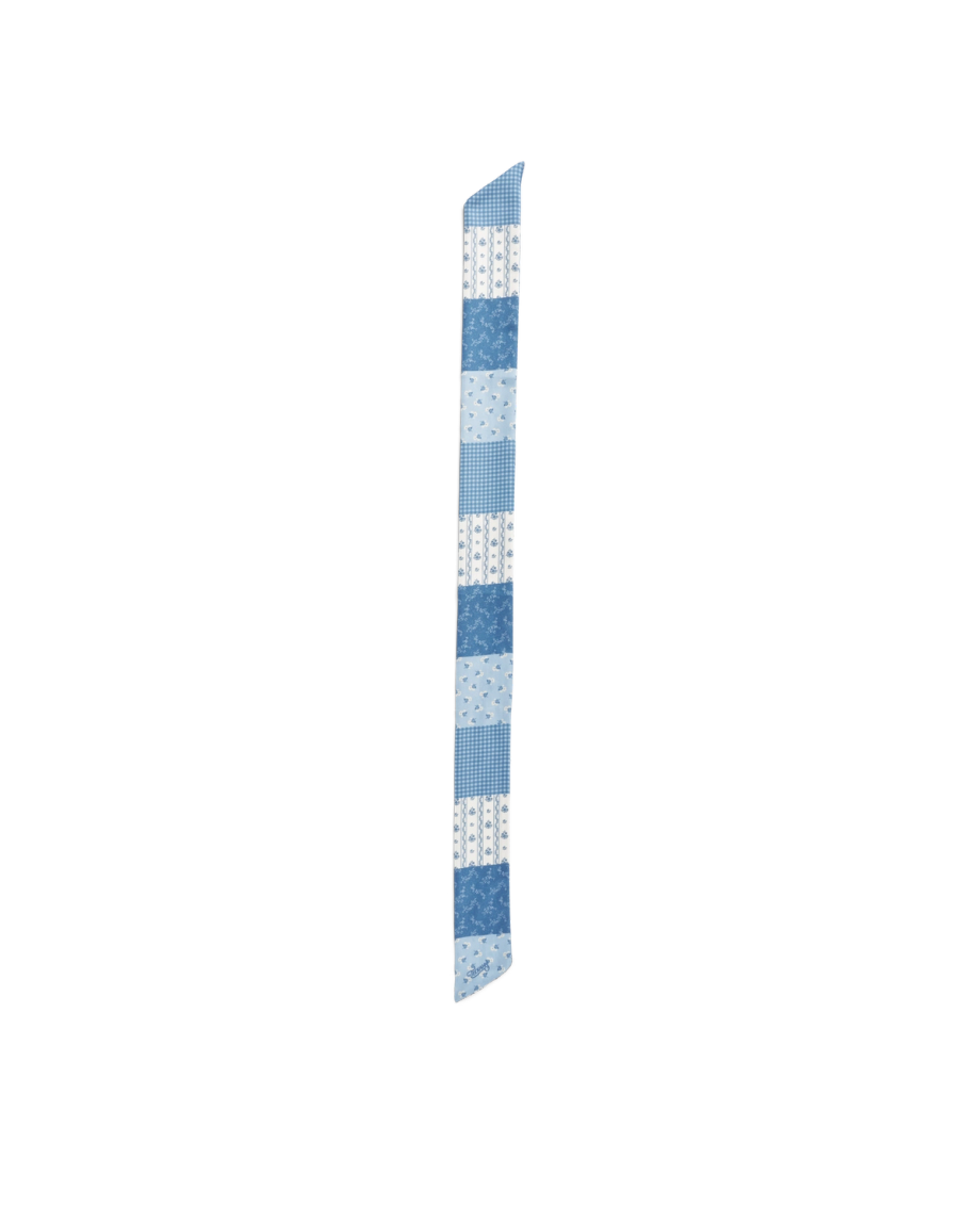 Front view of Patchwork Ribbon Scarf - Blue/White on plain background