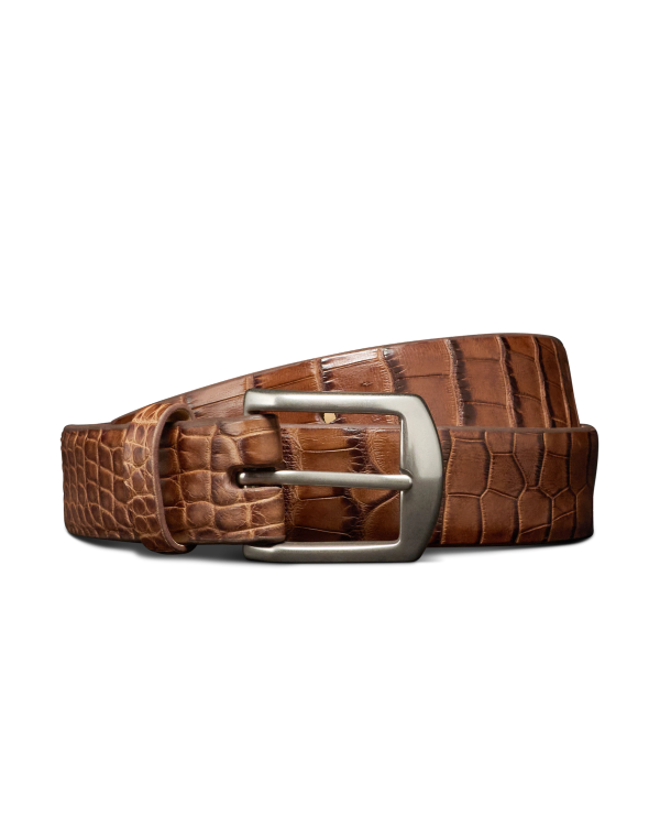 Unbuckled view of Men's Dress Belt - Saddle on plain background