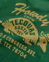 Closeup view of Men's Howdy Armadillo Tee - Green / Khaki