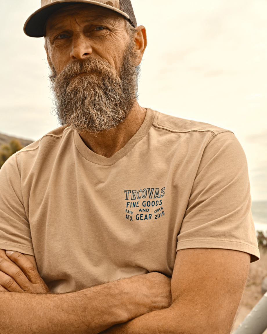 View of Men's Guitar Fine Goods Tee - Khaki / Blue