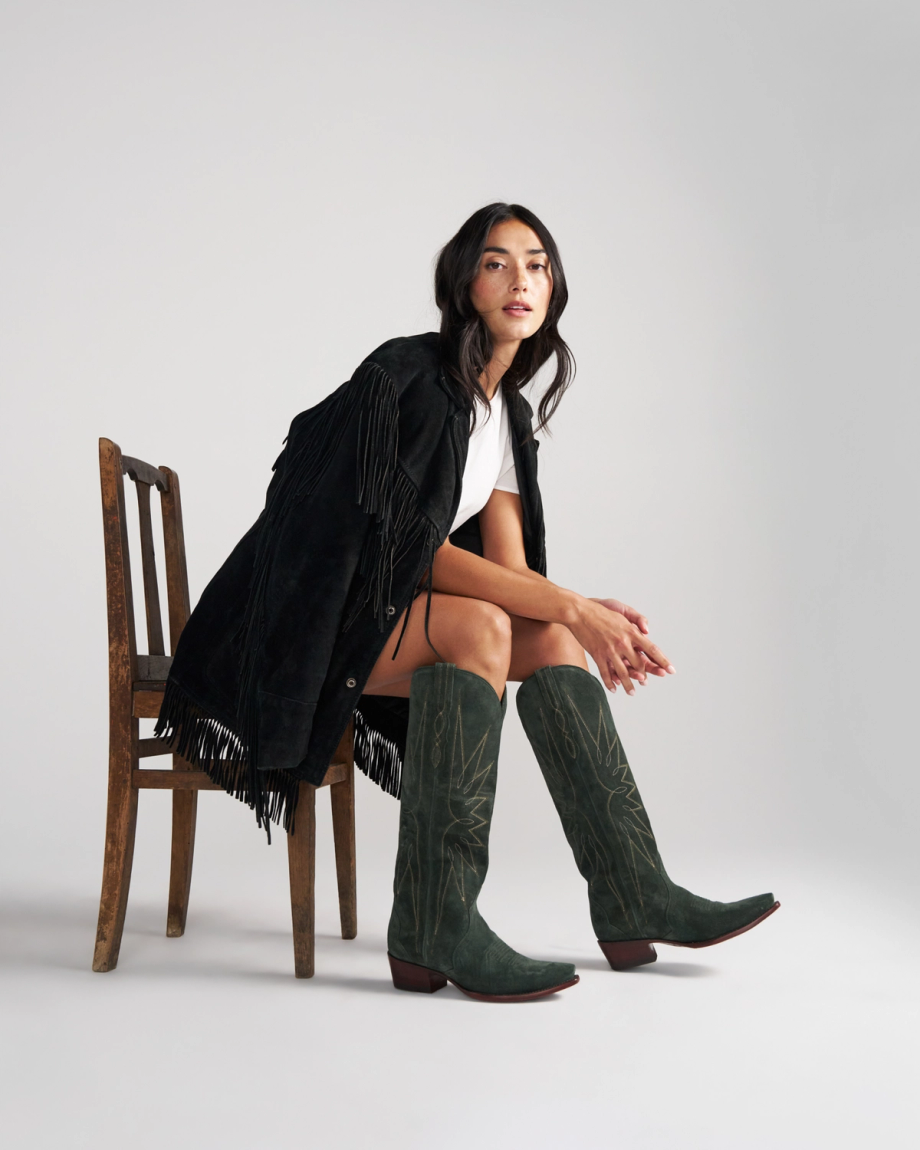 Full view of The Loretta - Hunter Green Suede on model