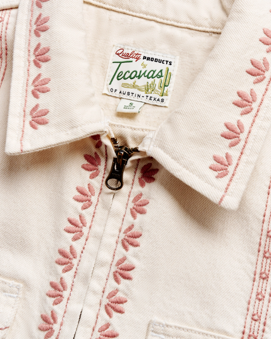 Closeup detail view of Women's Embroidered Mechanic's Jacket - Natural Denim