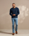 Full view of Men's Henley Sweater - Navy Heather on model