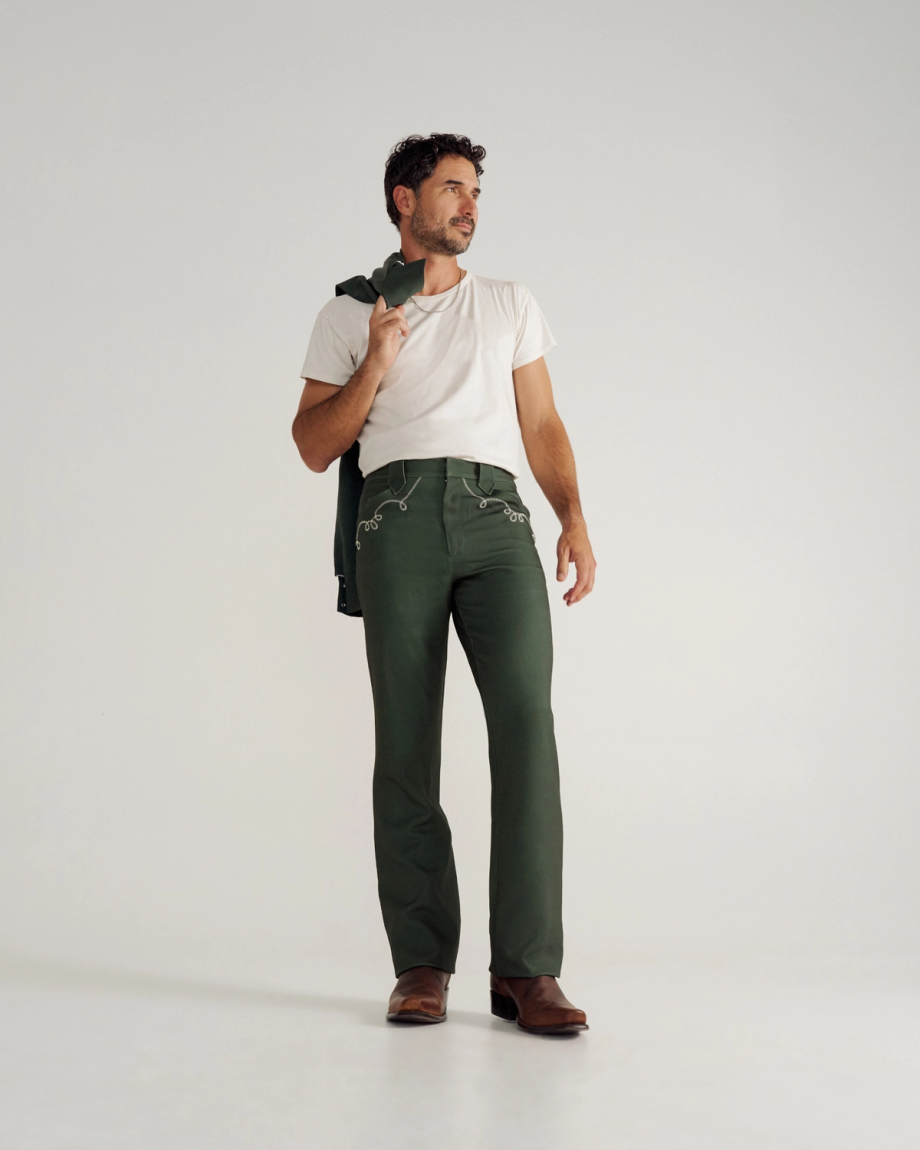 Full view of Men's Tecovas X H Bar C Birthday X Pant - Green on model