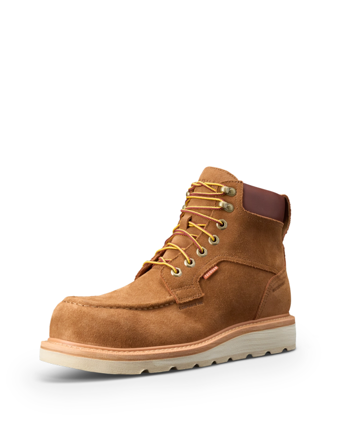 Quarterfront view of LongHaul Waterproof Moc Composite Toe Work Boot - Cashew on plain background