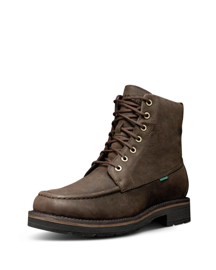 Quarterfront view of The Rugged Moc - Umber Cowhide on plain background