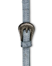 Close-up of a light blue textured belt with an ornate silver buckle featuring decorative engravings.