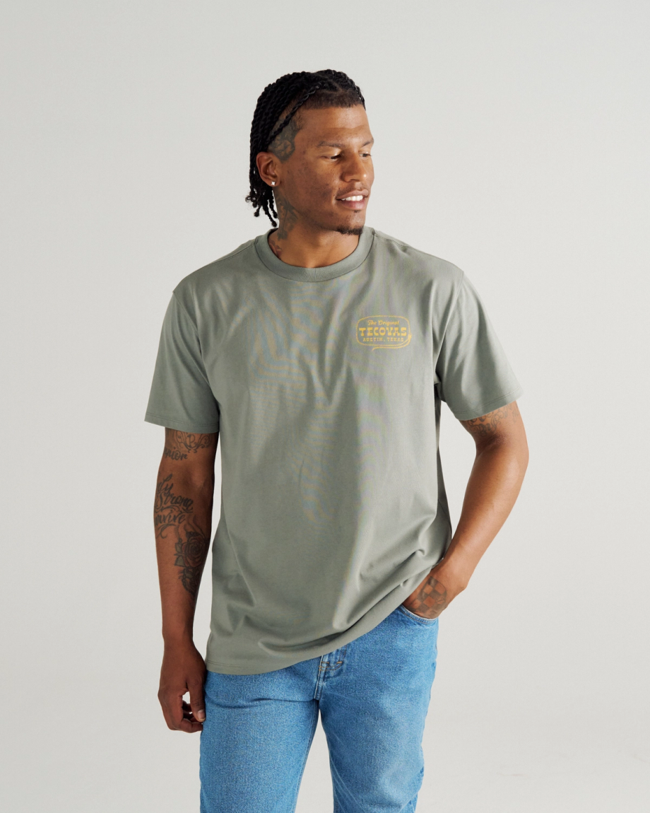 Front view of Men's Original Tecovas Rope Tee - Cactus / Yellow on model