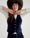 Front view of Women's Corduroy Vest - Navy on model