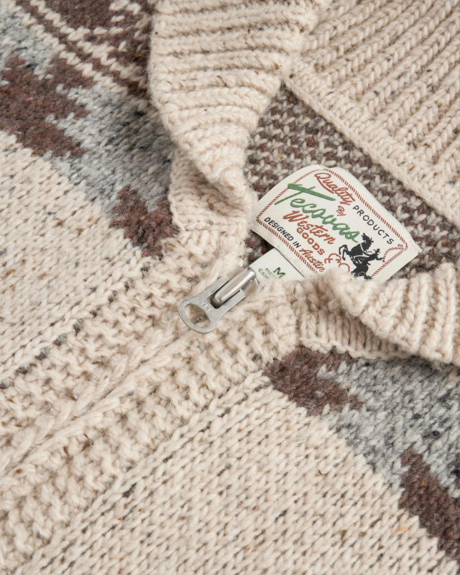 Closeup detail view of Men's Bison Zip Sweater - Oatmeal/Multi