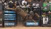 A rodeo competitor rides a bucking bull in an arena, surrounded by barriers and spectators, with dirt and debris flying as the bull leaps forward.