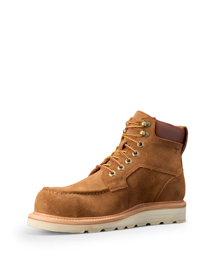 Quarterfront view of LongHaul Waterproof Moc Composite Toe Work Boot - Cashew on plain background