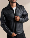 Front view of Men's Western Leather Moto Jacket - Black on model