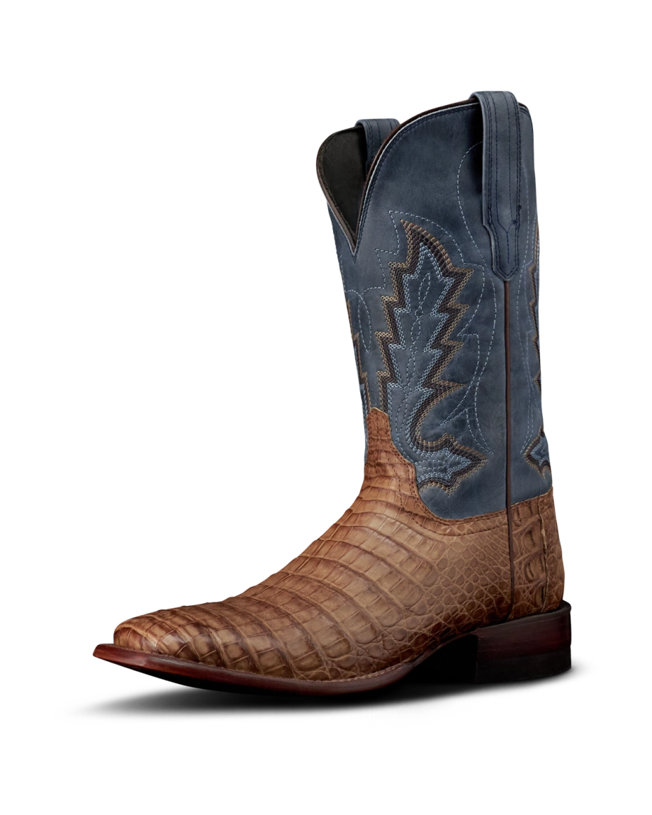 Quarterfront view of The William - Toffee/Navy Caiman on plain background