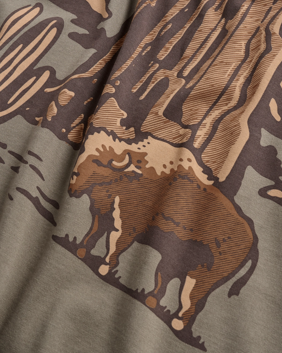 Closeup view of Men's Bison Landscape T-Shirt - Smokey Olive