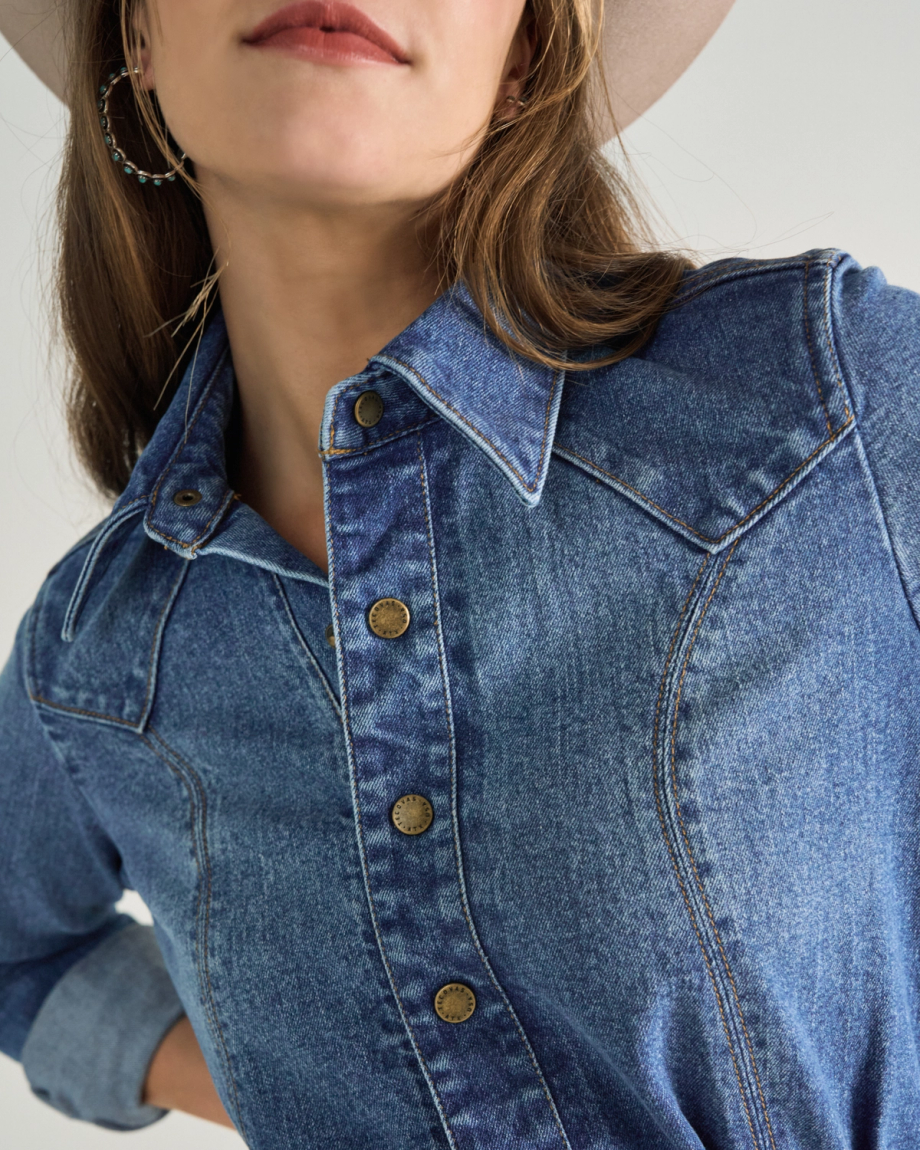Front view of Women's L/S Denim Midi Dress - Medium Wash on model
