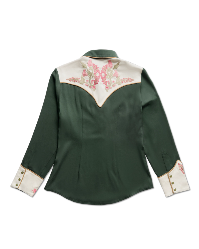 Back view of Women's Tecovas X H Bar C Birthday X Shirt - Green on plain background