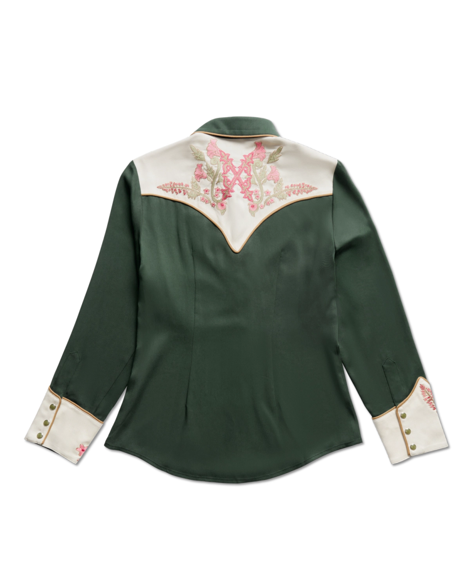 Back view of Women's Tecovas X H Bar C Birthday X Shirt - Green on plain background