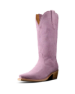 The Annie in Lavender Suede. A single pink Annie Suede cowboy boot with decorative stitching, a pointed toe, wooden heel, and pull tabs on either side.