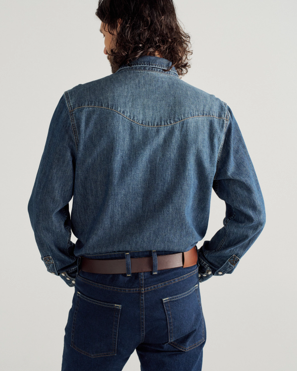 Closeup detail view of Men's Long Sleeve Denim Pearl Snap - Dark Wash