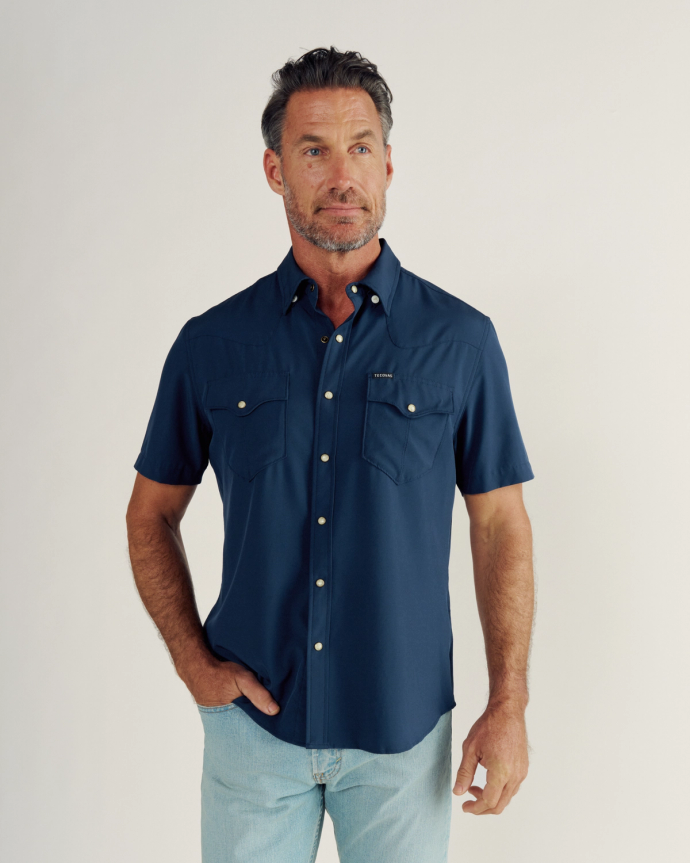 Closeup detail view of Men's Performance Western Pearl Snap SS - Navy