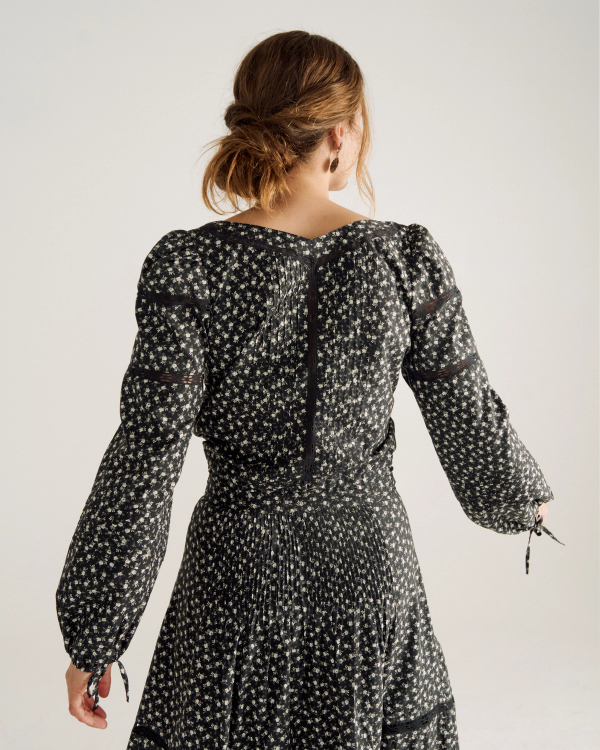 Back view of Women's Long Sleeve Cotton Poplin Top - Black / White on model