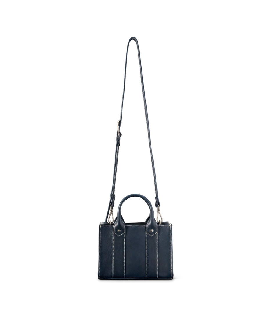 Front view of Mini Leather Satchel - Navy on plain background