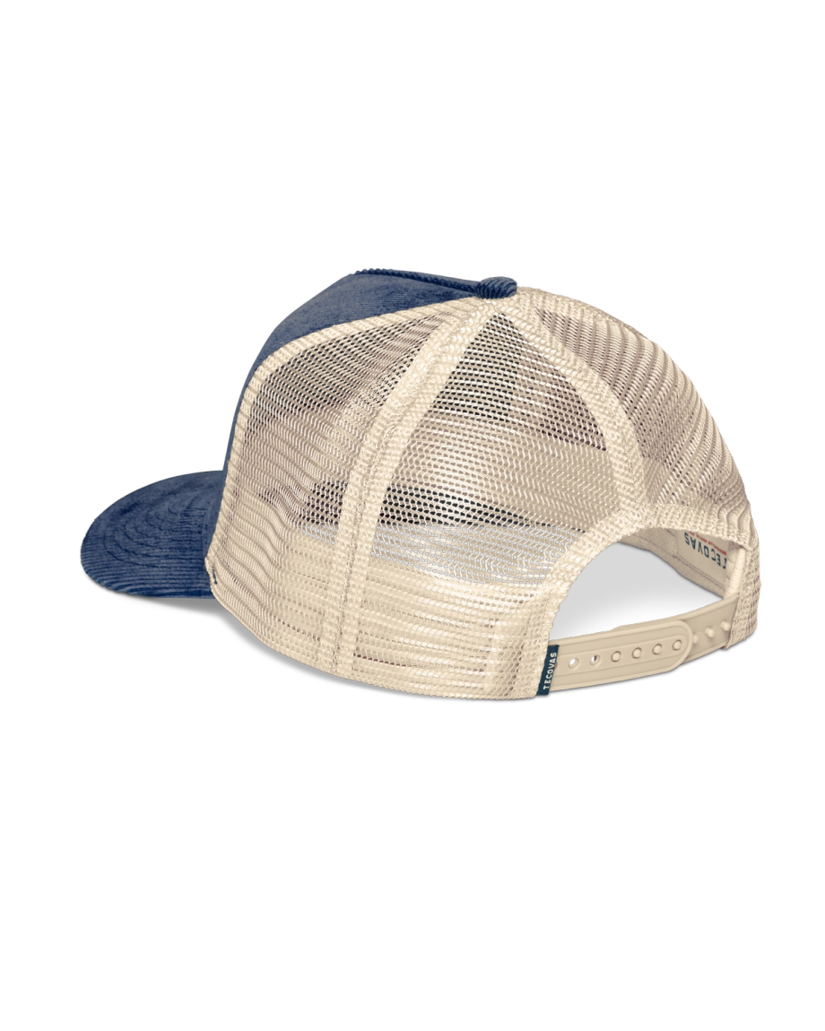 Quarterback view of Tecovas Corduroy Five-Panel Mesh Trucker - Navy on plain background