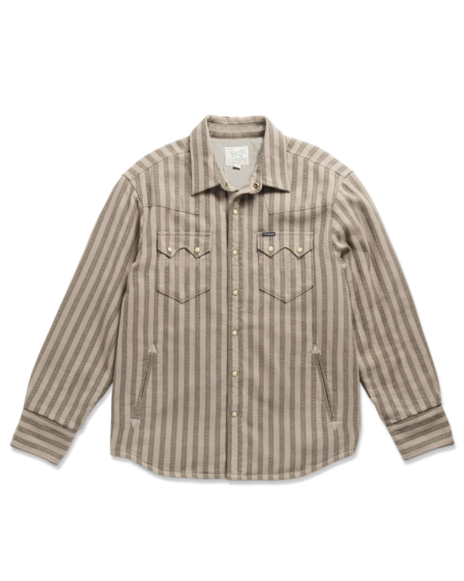 Closeup detail view of Men's Sawtooth Pearl Snap Shacket - Gray / Black