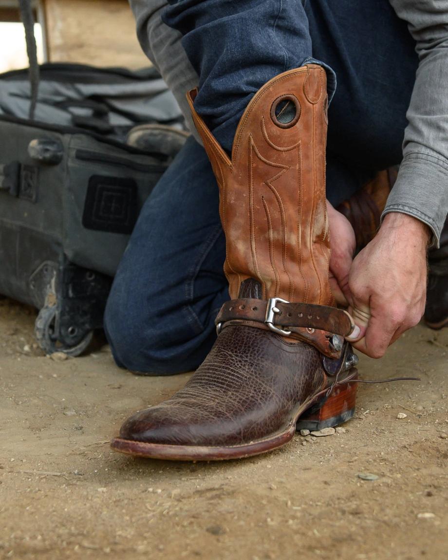 Man wearing The Prescott Hickory Horseman boots