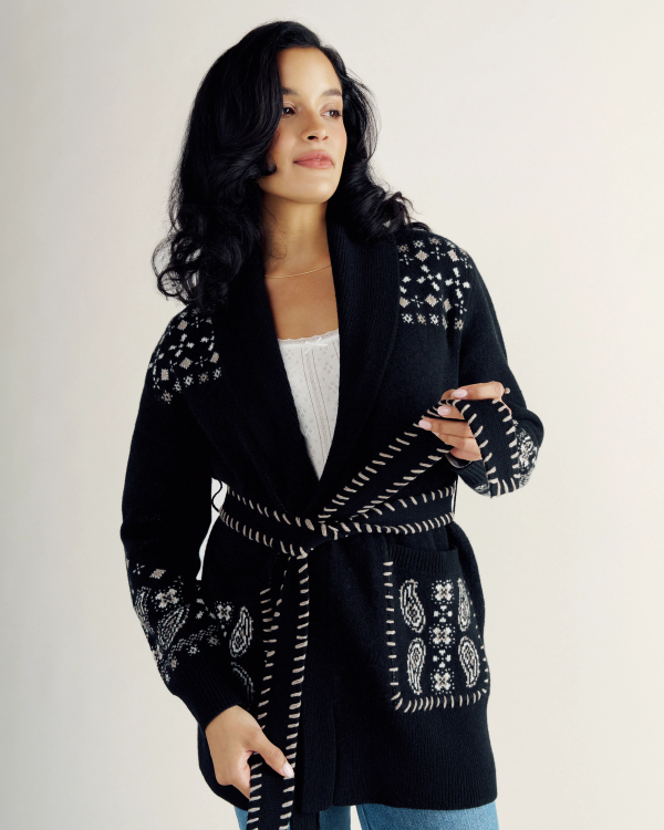Closeup detail view of Women's Shawl Collar Wrap Sweater - Black / White