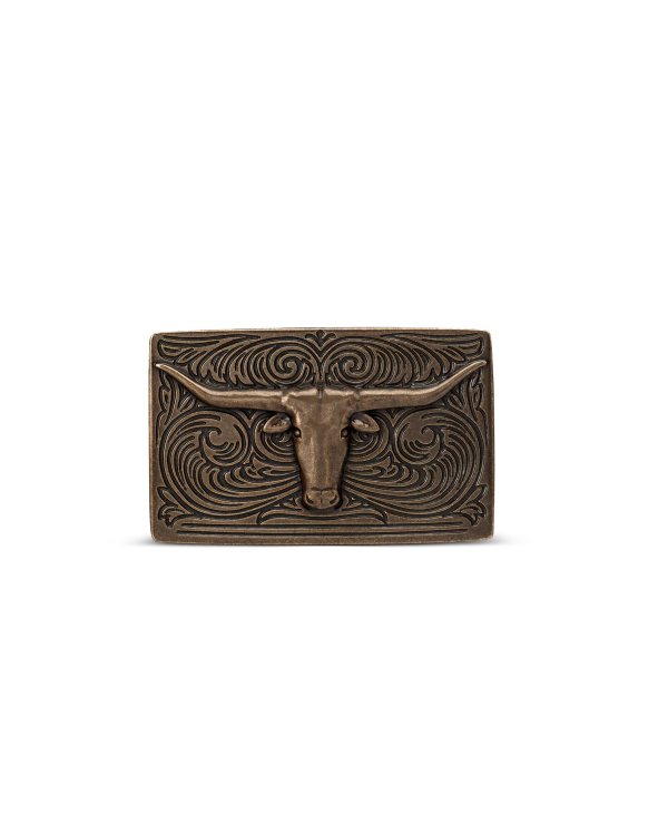 Front view of Longhorn Belt Buckle - Antique Brass on plain background