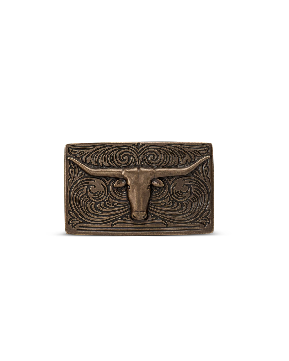 Front view of Longhorn Belt Buckle - Antique Brass on plain background