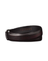 A dark brown leather belt with a silver buckle, embossed with the brand name "Tecovas" on the inner side, coiled in a loop against a black background.