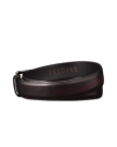 A dark brown leather belt with a silver buckle, embossed with the brand name "Tecovas" on the inner side, coiled in a loop against a black background.