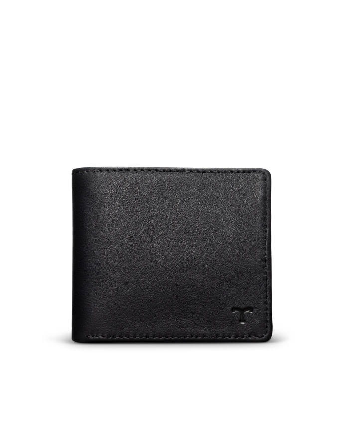 Black leather wallet with a small logo in the bottom right corner, shown against a plain background.