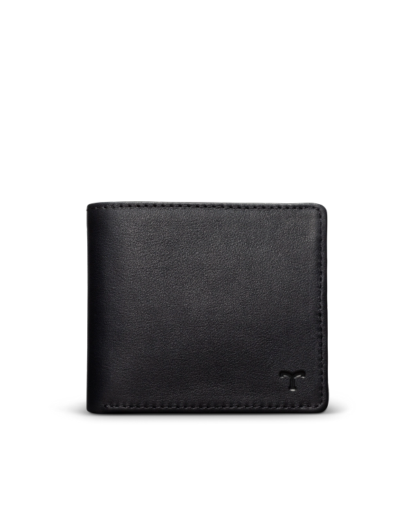 Black leather wallet with a small logo in the bottom right corner, shown against a plain background.