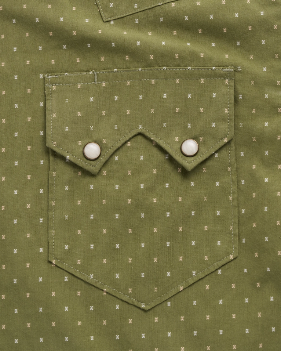 Closeup detail view of Men's Star Stitch Pearl Snap - Sage