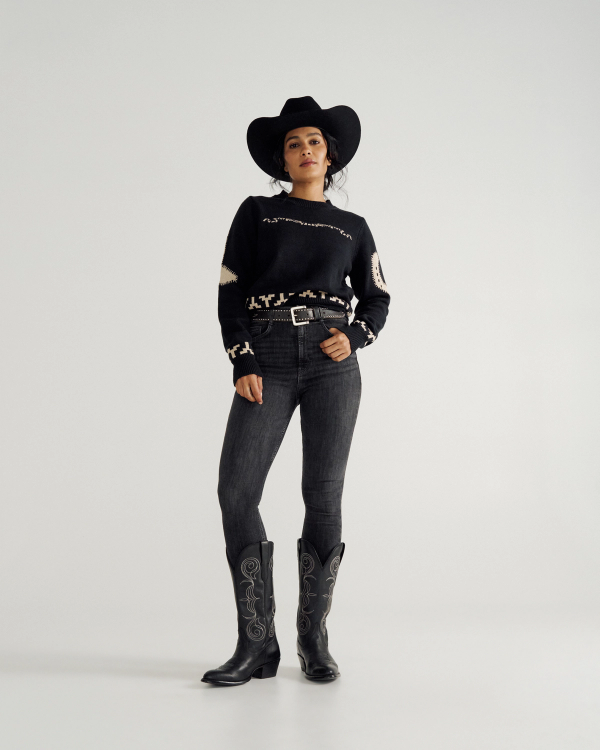 Full view of Women's Crew Neck Lucky Boots Sweater - Black on model