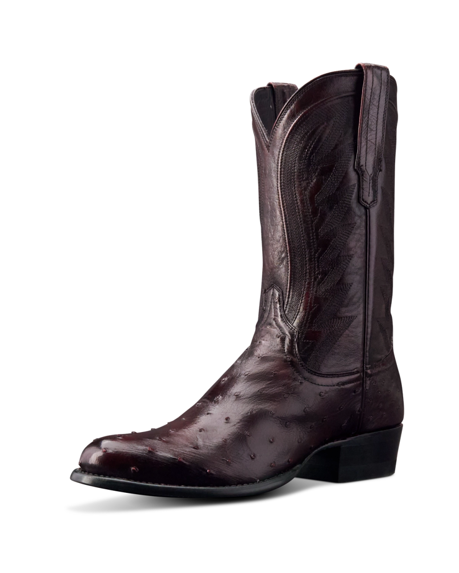 Quarterfront view of The Wyatt - Black Cherry Ostrich on plain background