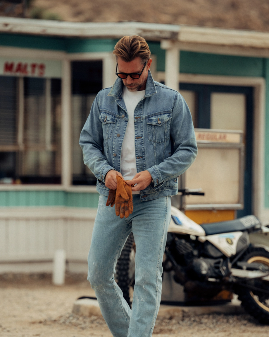 View of Men's Classic Denim Trucker Jacket - Acid Wash