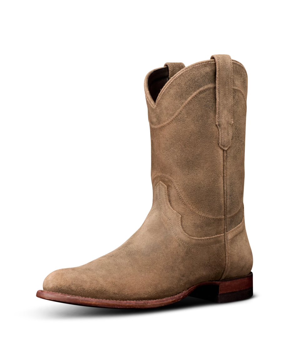 Quarterfront view of The Earl - Gravel Suede on plain background