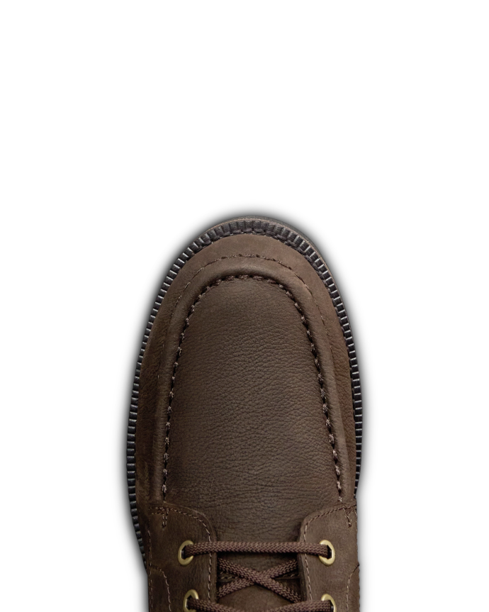 Toe view of The Rugged Moc - Umber Cowhide on plain background