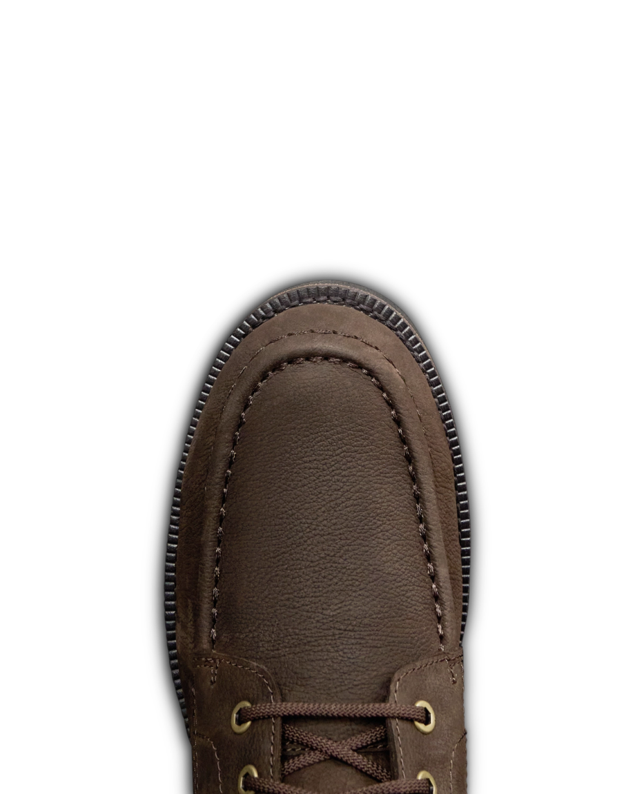Toe view of The Rugged Moc - Umber Cowhide on plain background